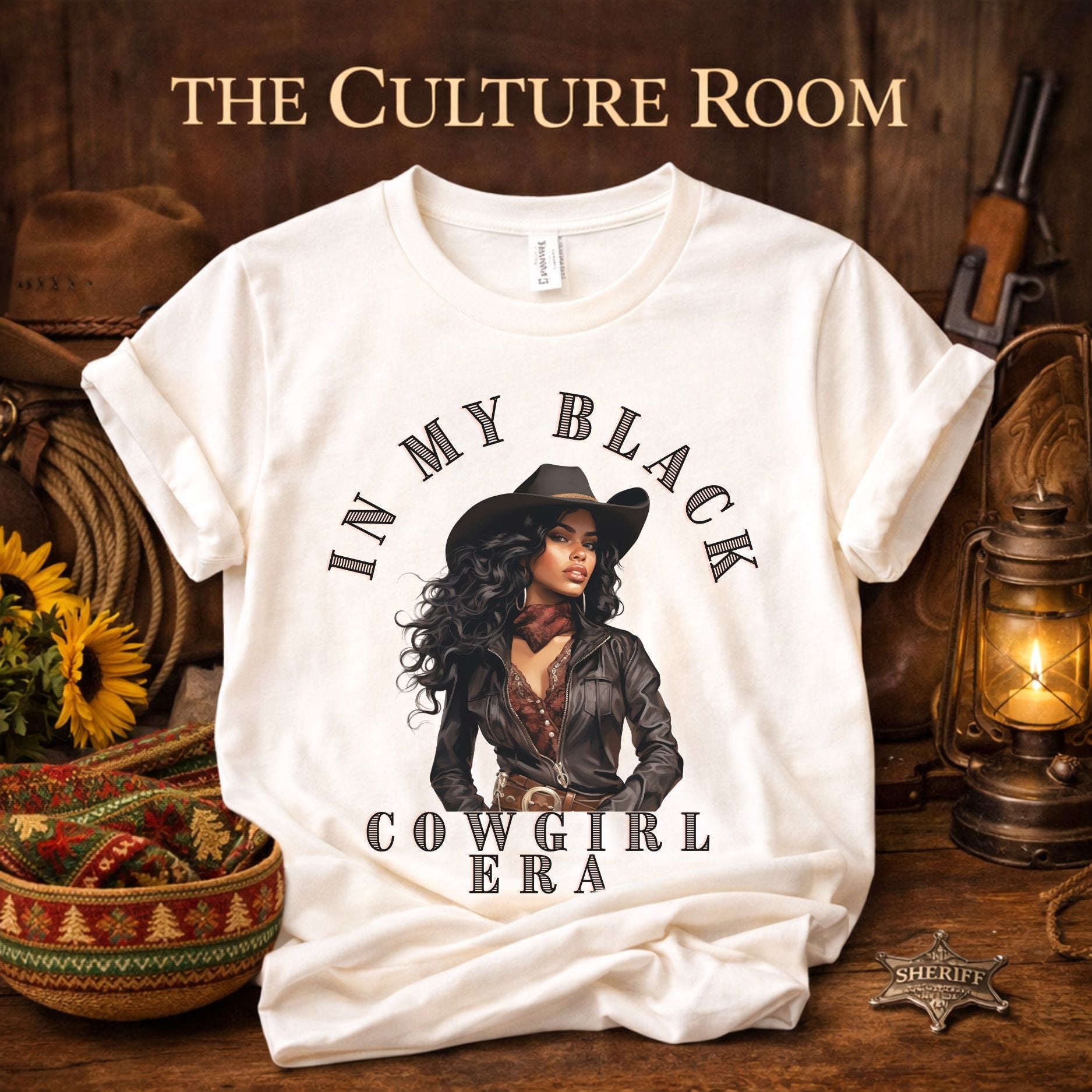 Black cowgirl western graphic t-shirt celebrating culture and heritage on white Gildan shirt – The Culture Room collection.