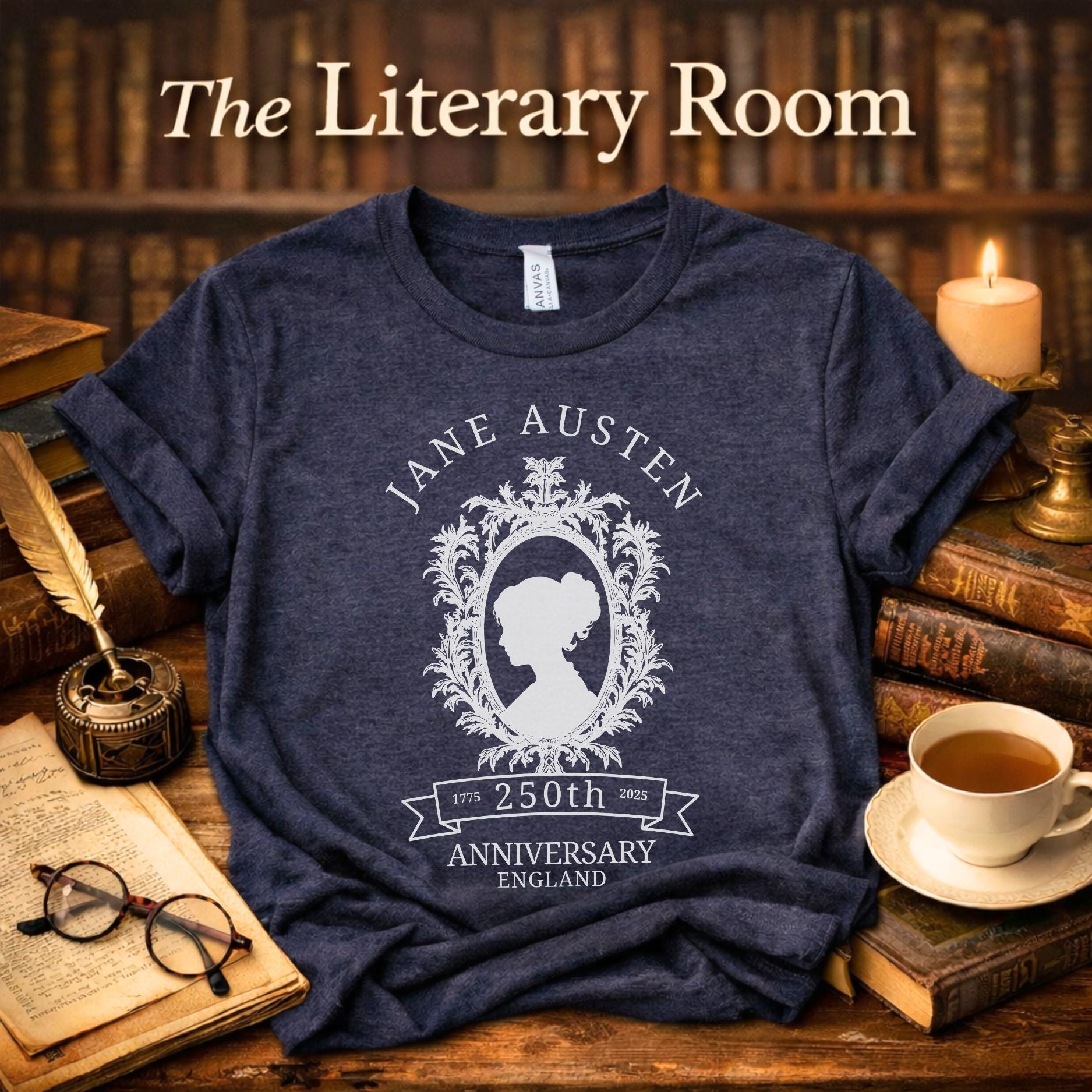 “Book lover literary graphic t-shirt of Jane Austen 250th Anniversary on navy Bella Canvas shirt with books, glasses and fountain pen – The Literary Room collection.