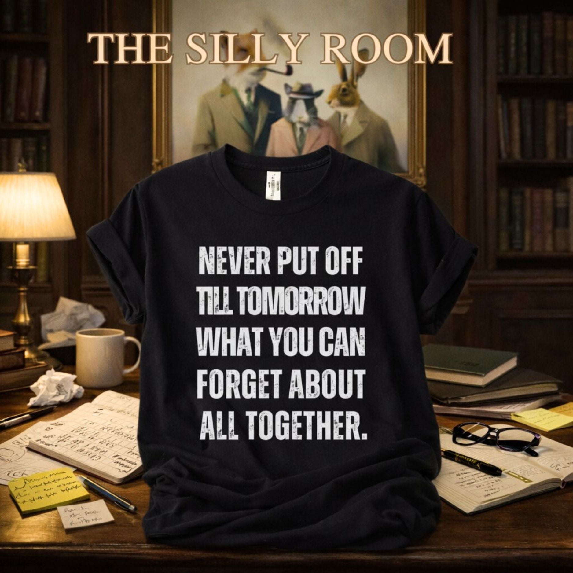 “Funny sarcastic quote graphic t-shirt on black Gildan shirt with messy desk, crumpled notes and coffee – The Silly Room collection.”