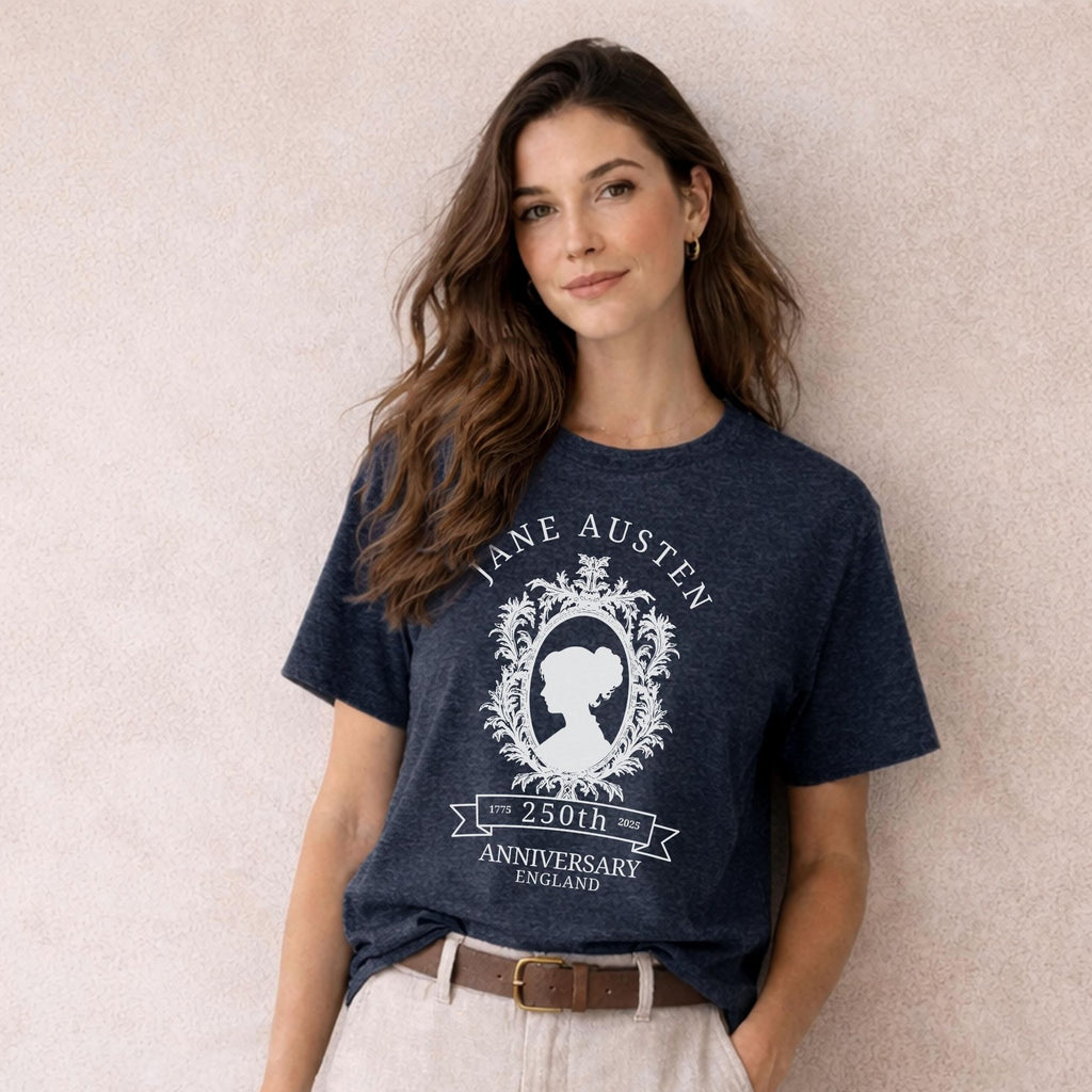 Jane Austen 250th anniversary heather navy shirt featuring a vintage cameo portrait design for book lovers and Pride and Prejudice fans.