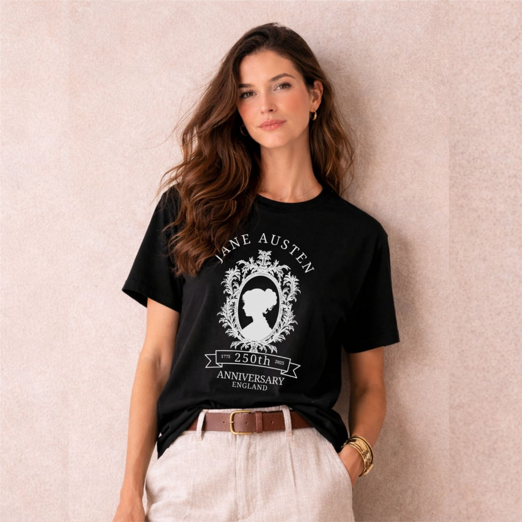 Jane Austen 250th anniversary black shirt featuring a vintage cameo portrait design for book lovers and Pride and Prejudice fans.