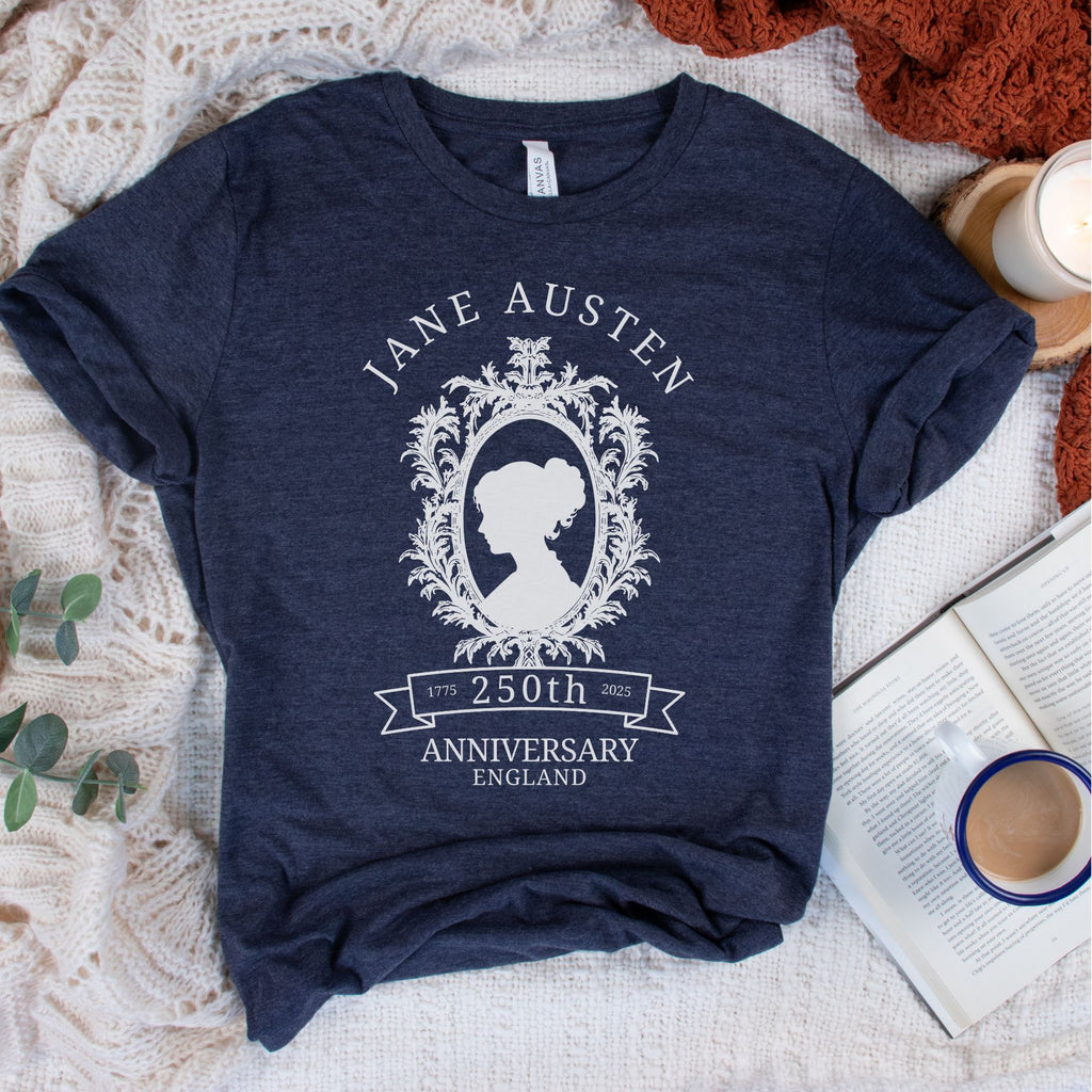 Jane Austen 250th anniversary heather navy shirt featuring a vintage cameo portrait design for book lovers and Pride and Prejudice fans.