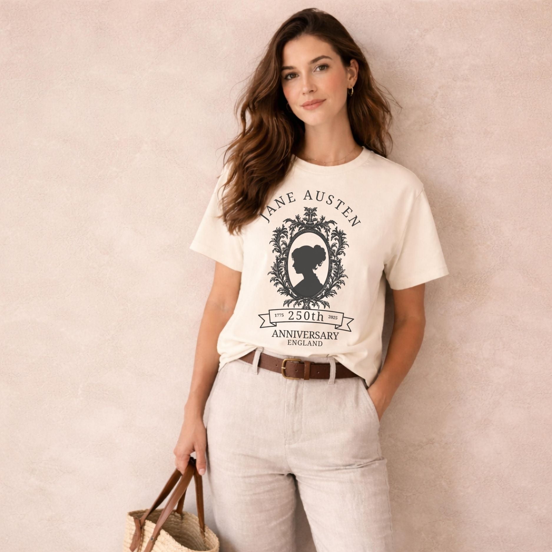 Jane Austen 250th anniversary cream shirt featuring a vintage cameo portrait design for book lovers and Pride and Prejudice fans.