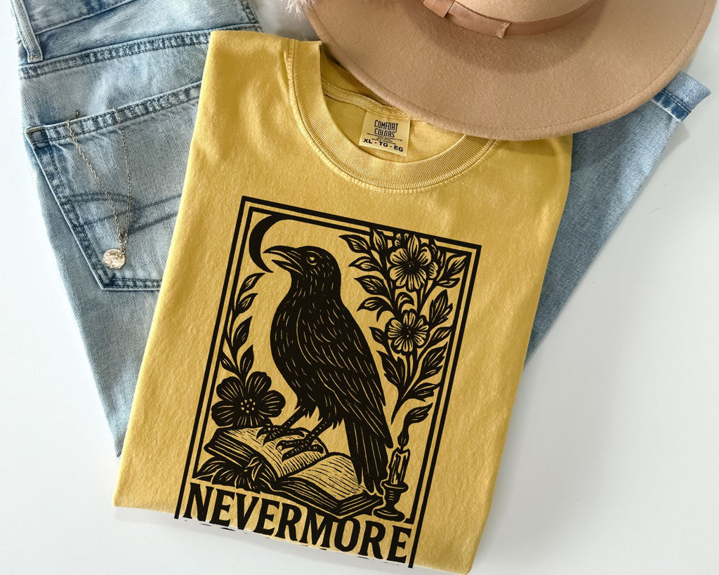 Edgar Allan Poe Nevermore Shirt -Comfort Colors Raven Linocut Graphic Tee
