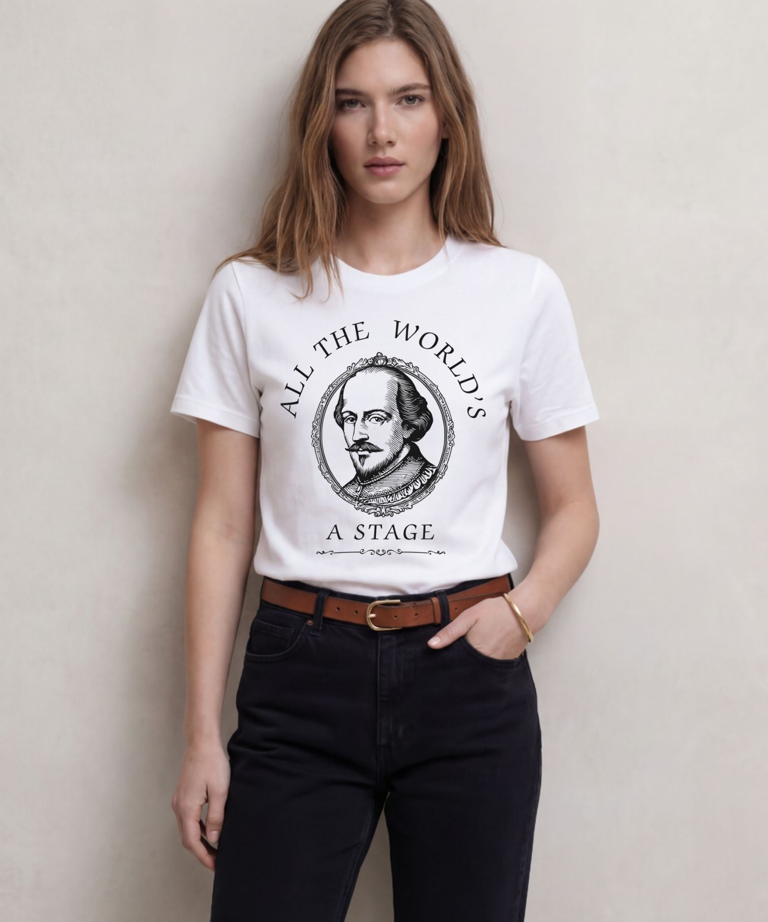 Woman wearing white All the World’s a Stage Shakespeare quote t-shirt with vintage portrait design