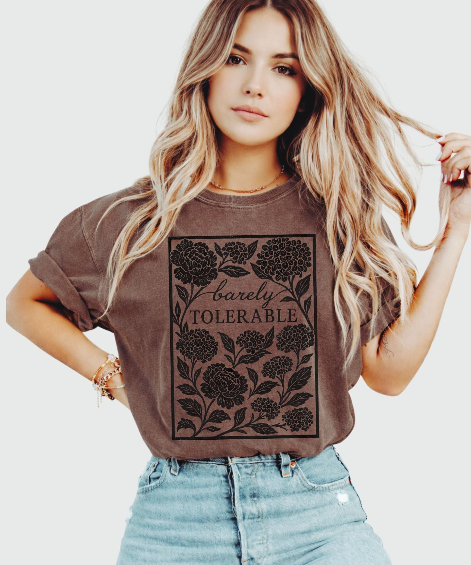 Barely Tolerable Jane Austen shirt on Comfort Colors espresso shirt with floral botanical linocut design for book lovers and Pride and Prejudice fans