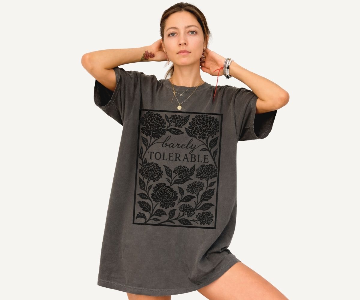 Barely Tolerable Jane Austen shirt on Comfort Colors pepper oversized t-shirt dress with floral botanical design for book lovers and Pride and Prejudice fans