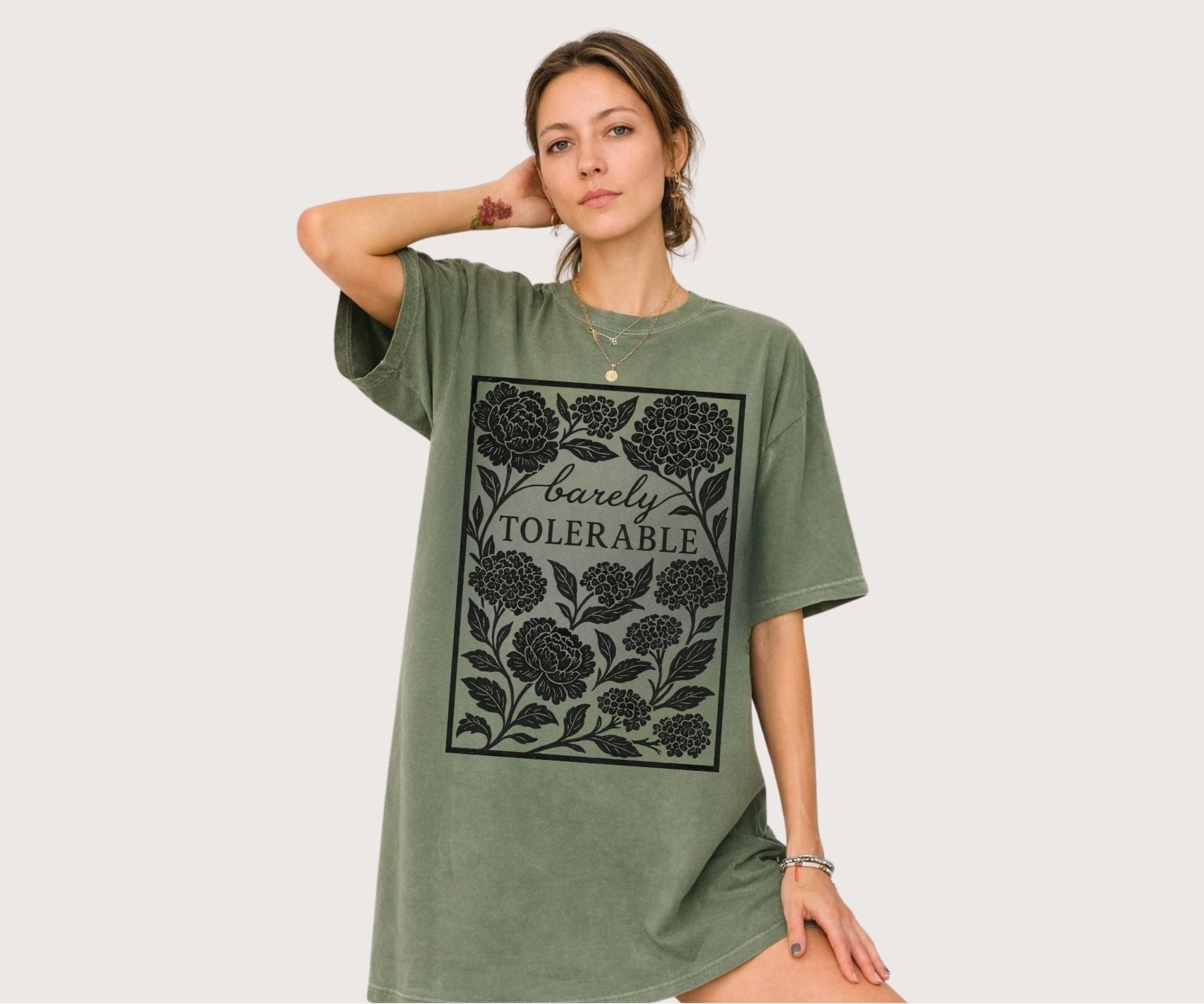 Barely Tolerable Jane Austen shirt on Comfort Colors moss oversized t-shirt dress with floral botanical linocut design for book lovers and Pride and Prejudice fans