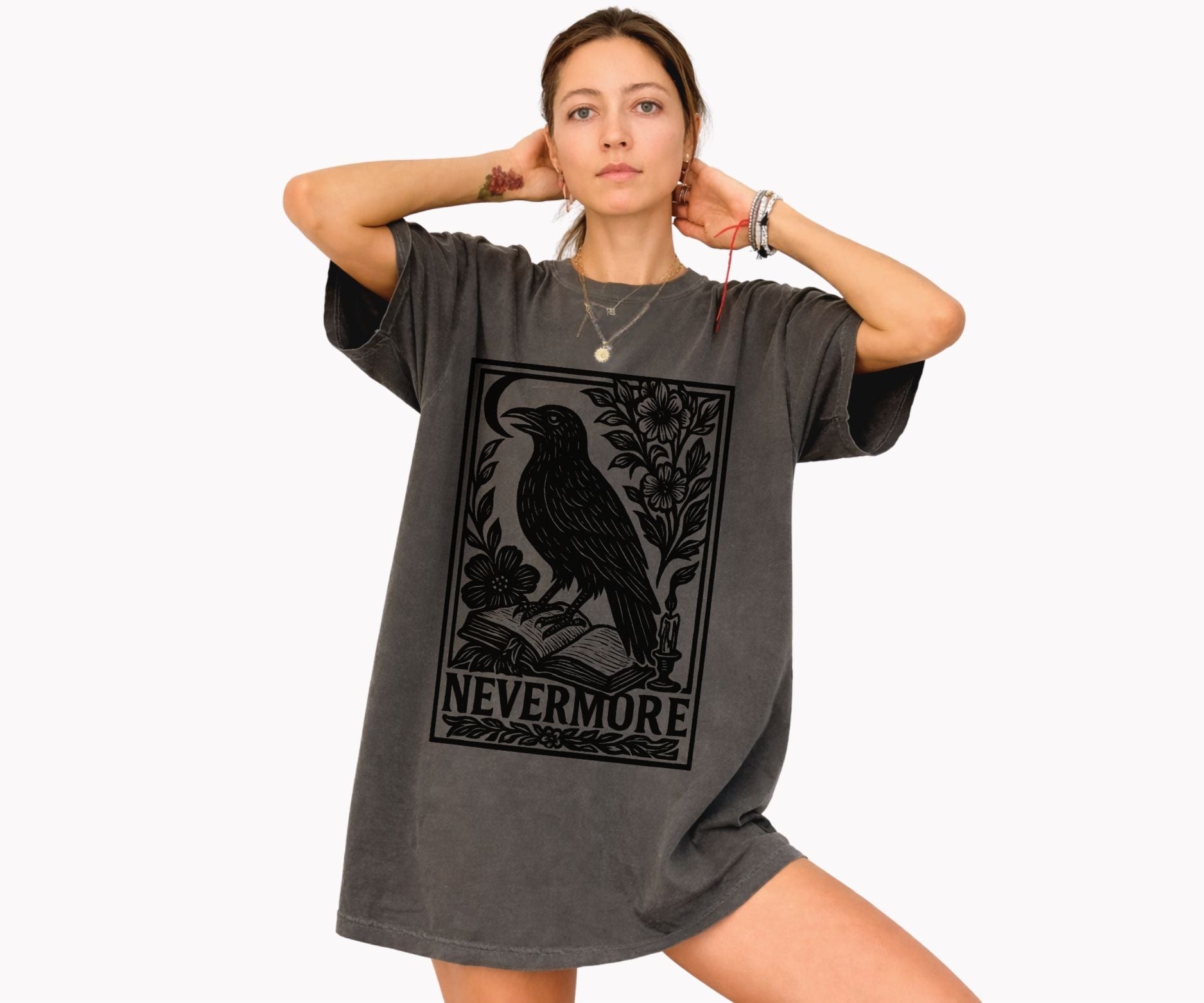 Woman wearing Comfort Colors Pepper Edgar Allan Poe Nevermore raven shirt with dark academia gothic book lover graphic