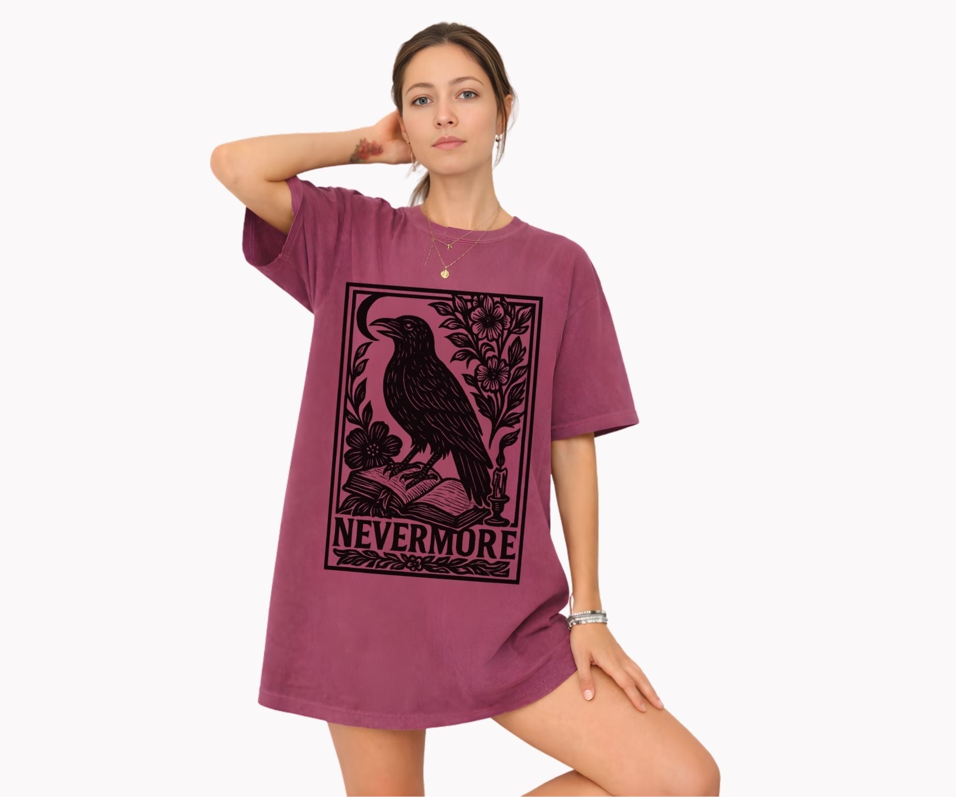 Woman wearing Comfort Colors Edgar Allan Poe Nevermore raven linocut shirt-a dark academia gothic book lover graphic