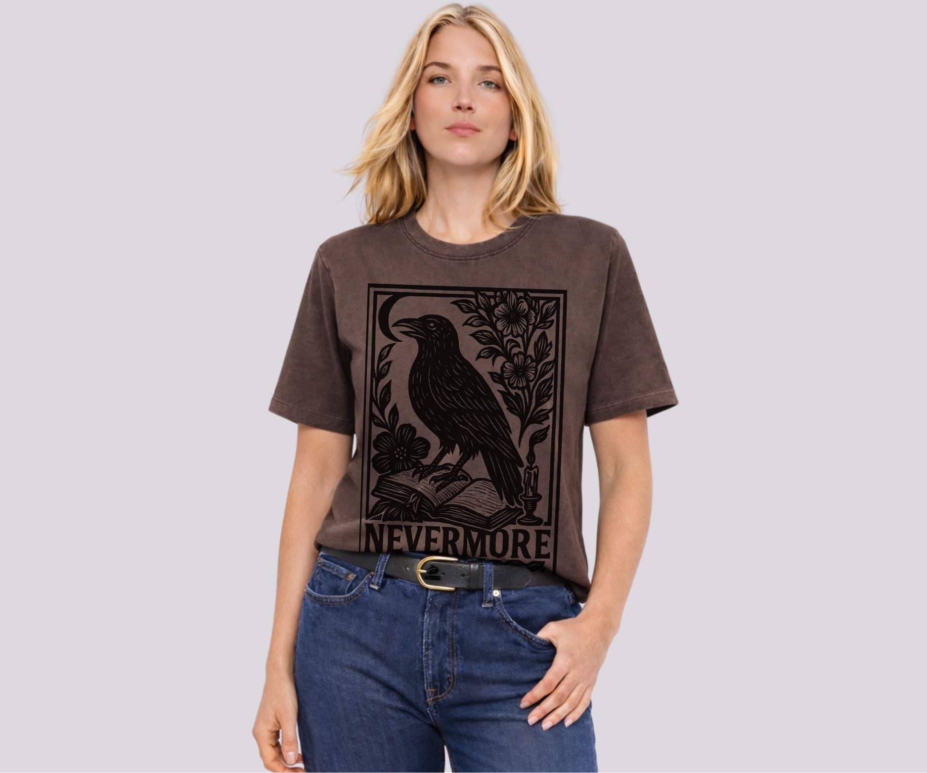 Woman wearing Comfort Colors Edgar Allan Poe Nevermore raven linocut shirt with dark academia gothic book lover graphic