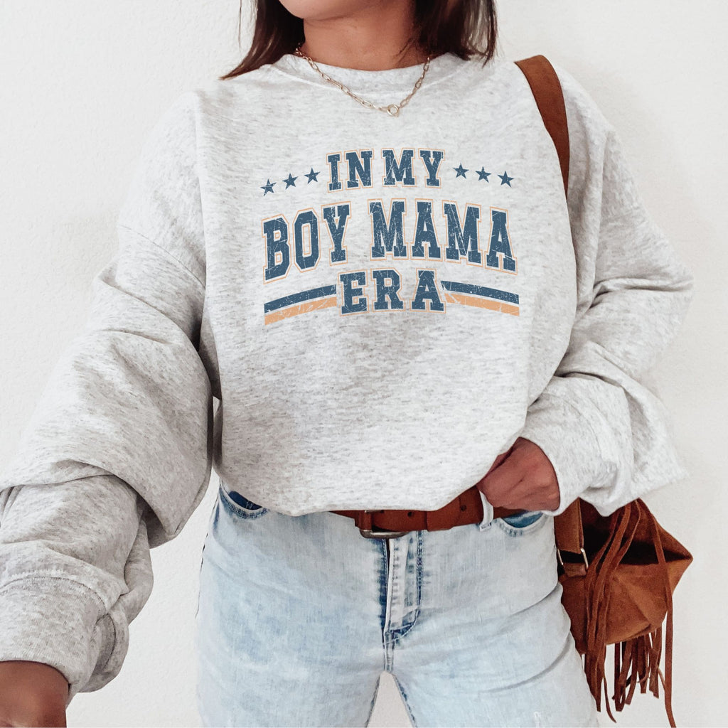 alt="In My Boy Mama Era preppy boy mom sweatshirt for mothers raising boys"