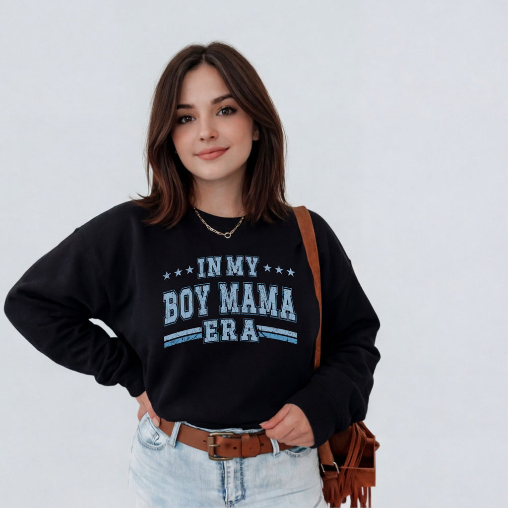 alt="In My Boy Mama Era preppy mom sweatshirt for mothers raising boys"