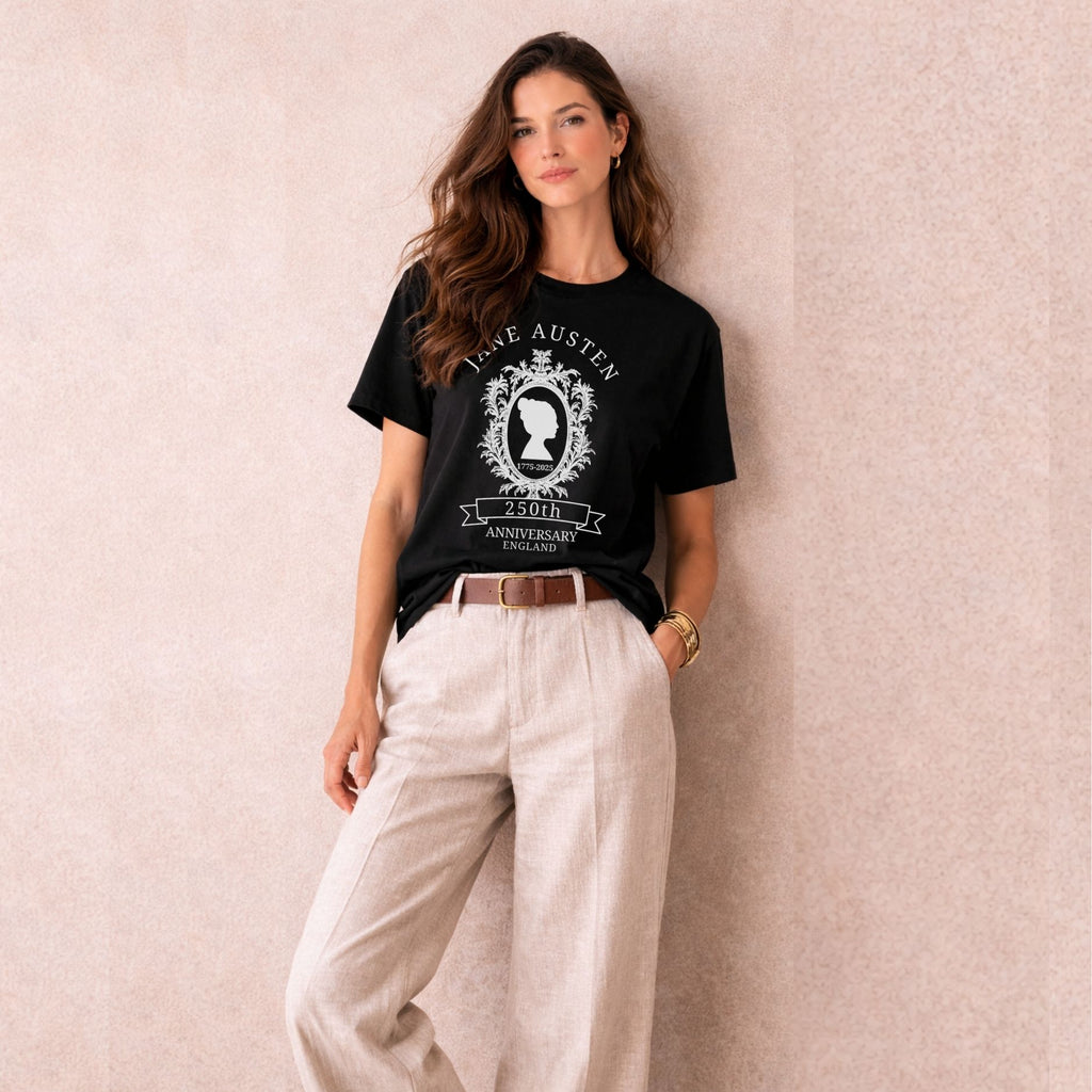 Jane Austen 250th anniversary shirt featuring a vintage cameo portrait design for book lovers and Pride and Prejudice fans.