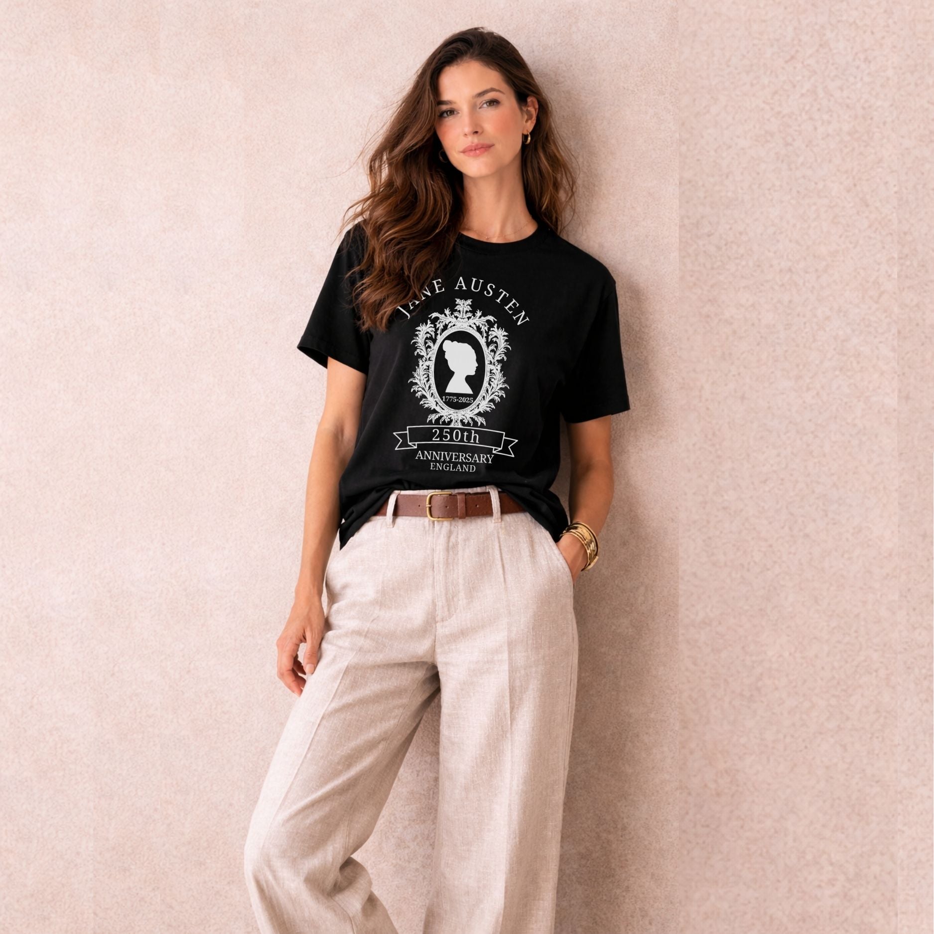 Jane Austen 250th anniversary shirt featuring a vintage cameo portrait design for book lovers and Pride and Prejudice fans.