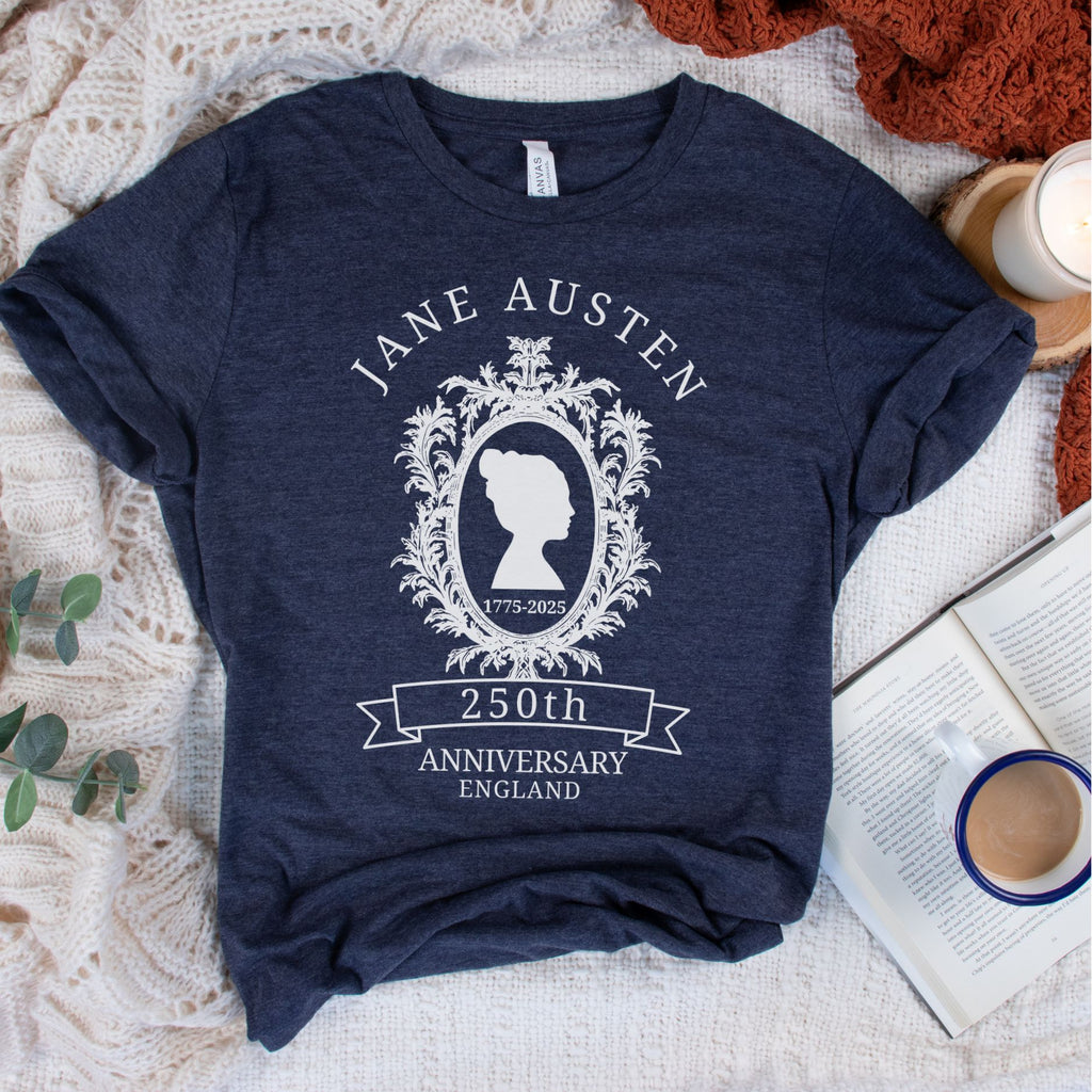 Jane Austen 250th anniversary shirt featuring a vintage cameo portrait design for book lovers and Pride and Prejudice fans.