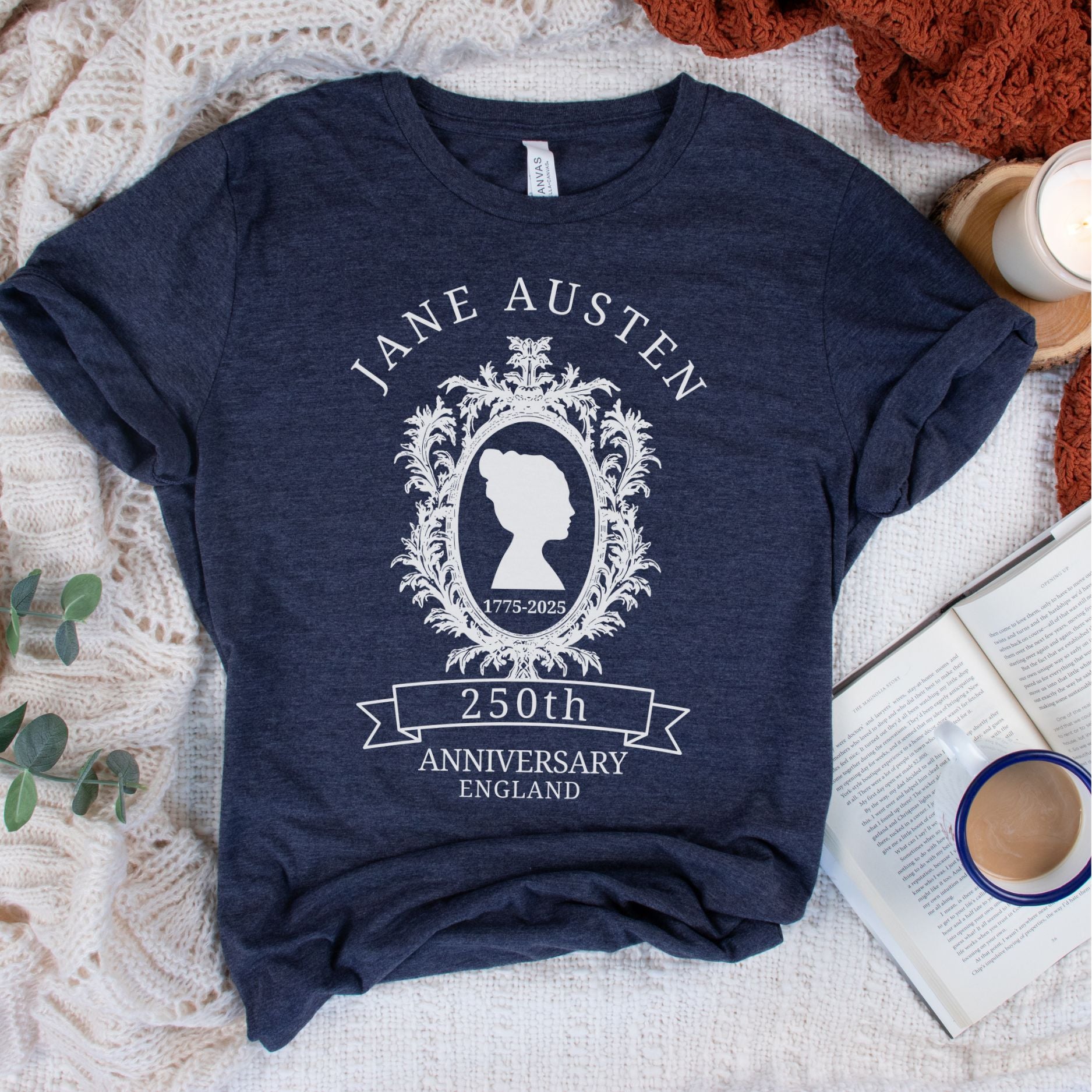 Jane Austen 250th anniversary shirt featuring a vintage cameo portrait design for book lovers and Pride and Prejudice fans.