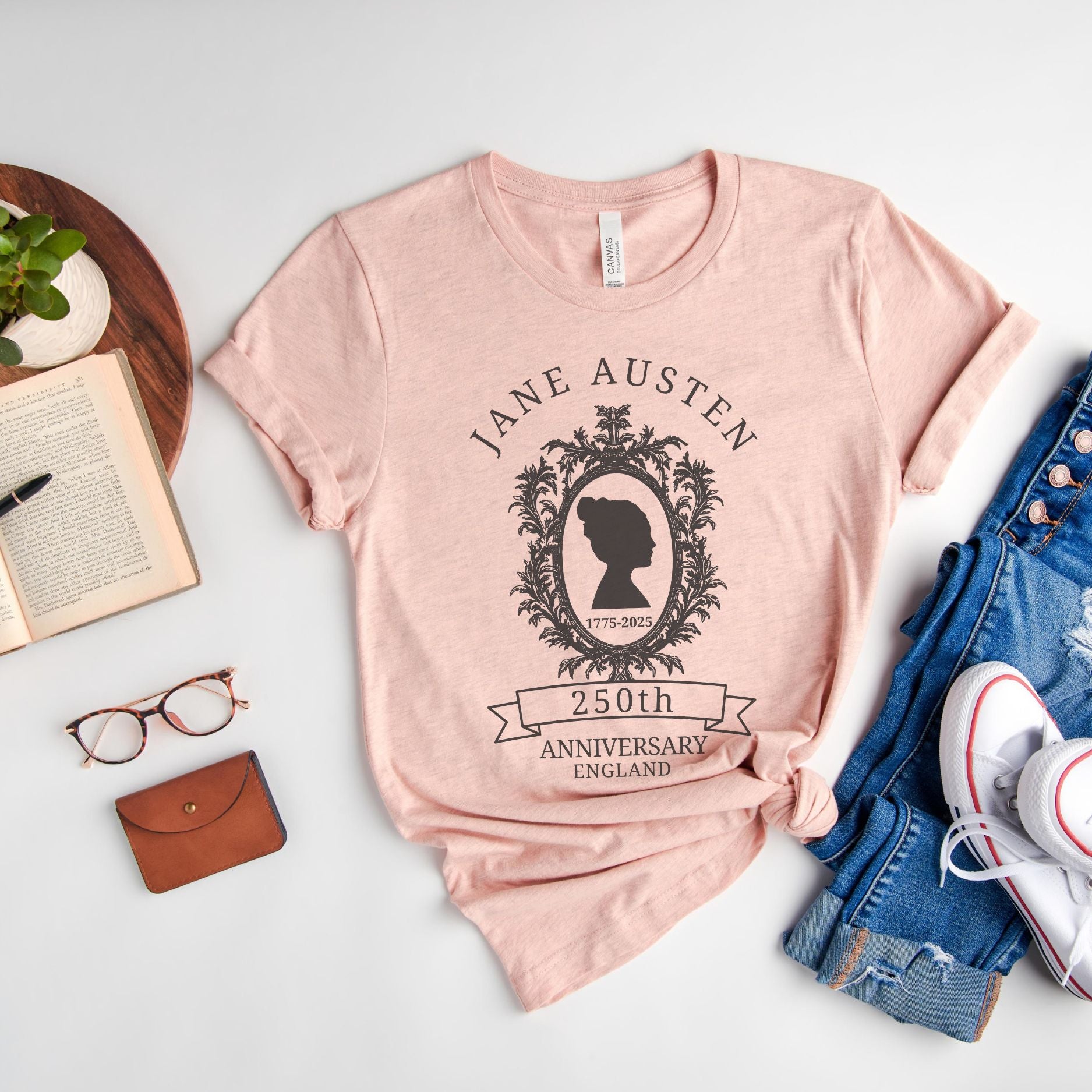 Jane Austen 250th anniversary shirt featuring a vintage cameo portrait design for book lovers and Pride and Prejudice fans.