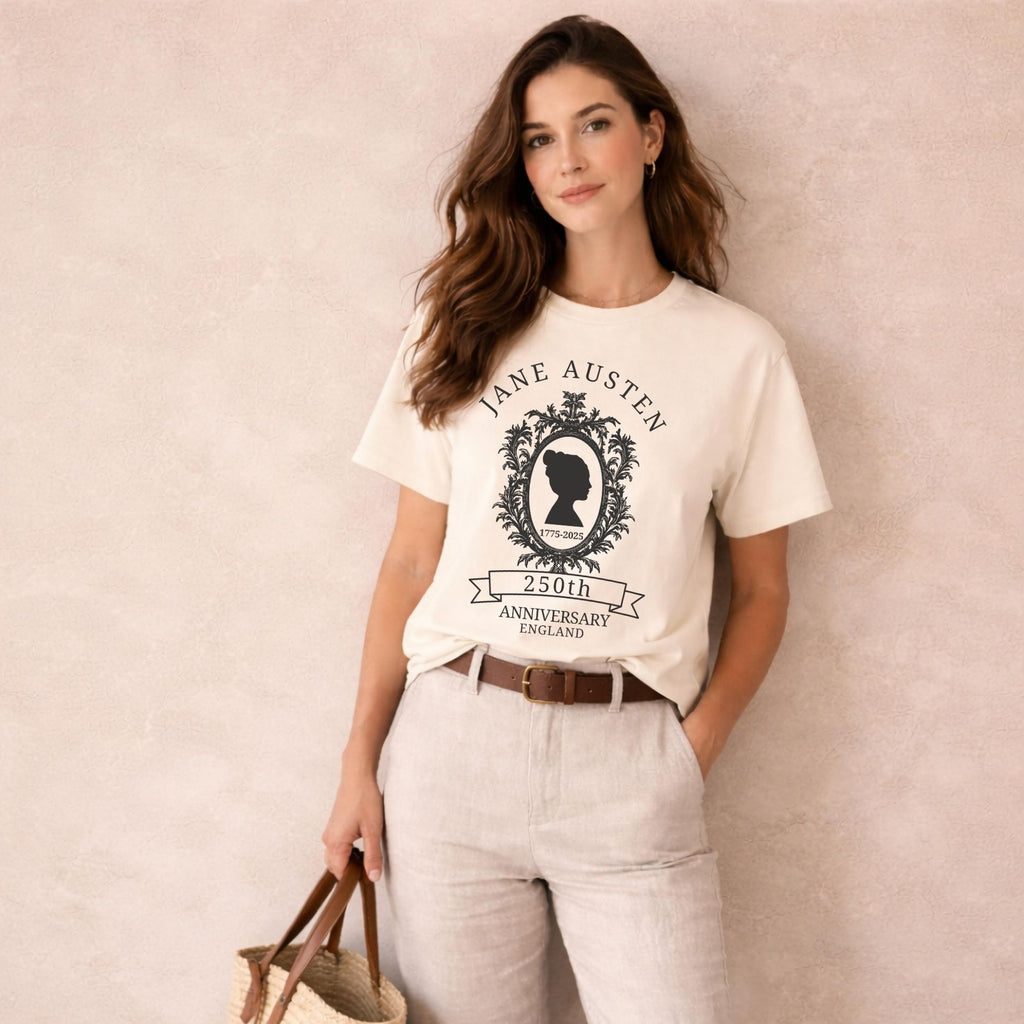 Jane Austen 250th anniversary shirt featuring a vintage cameo portrait design for book lovers and Pride and Prejudice fans.