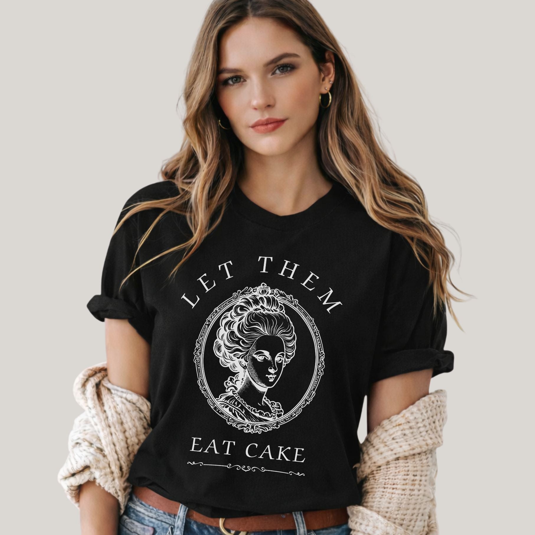 Marie Antoinette Let Them Eat Cake shirt in black Bella Canvas graphic tee with vintage French queen portrait design.