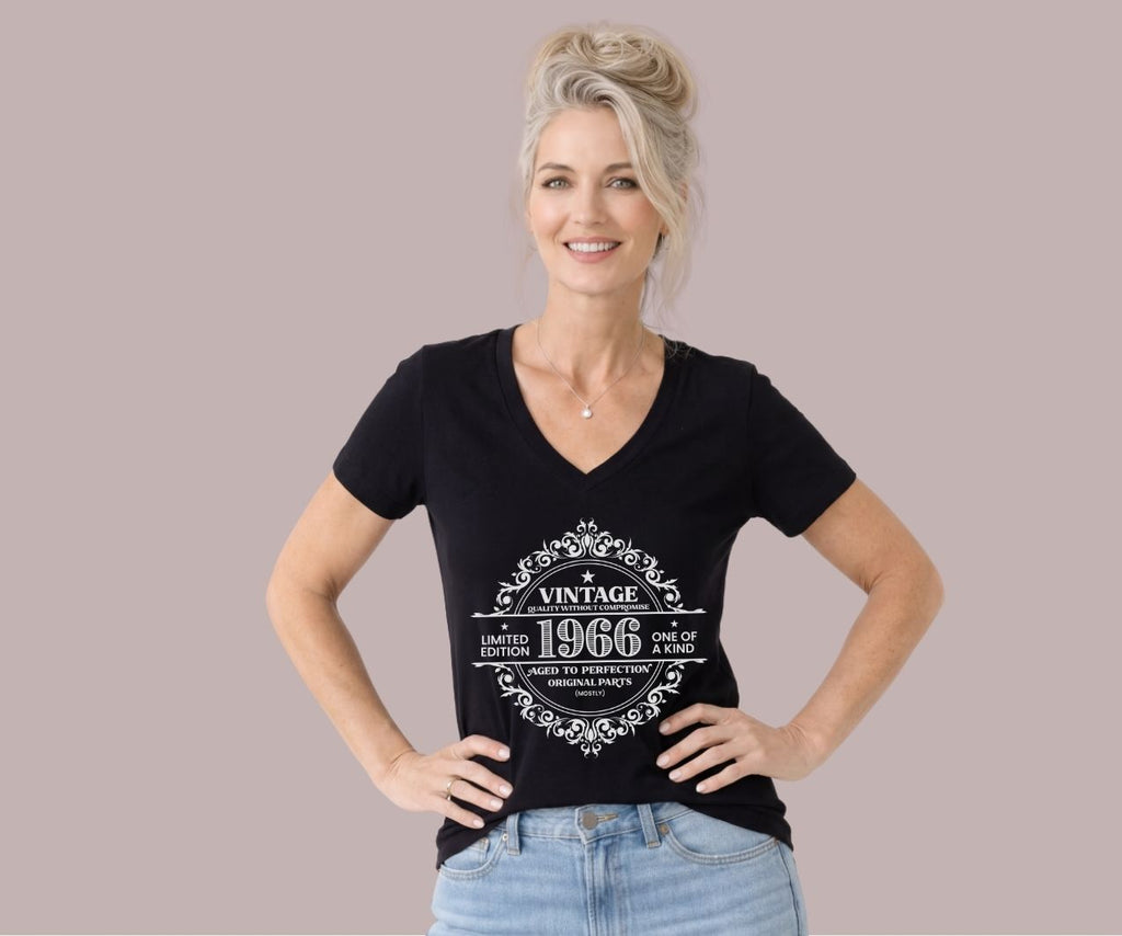Vintage 1966 limited edition v-neck t-shirt with retro typography design worn by model